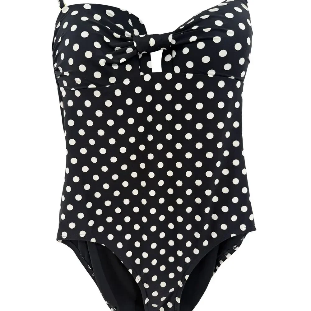 Kate Spade New York Polka Dot One Piece Swimsuit Bow Front Black White Large - Picture 4 of 10